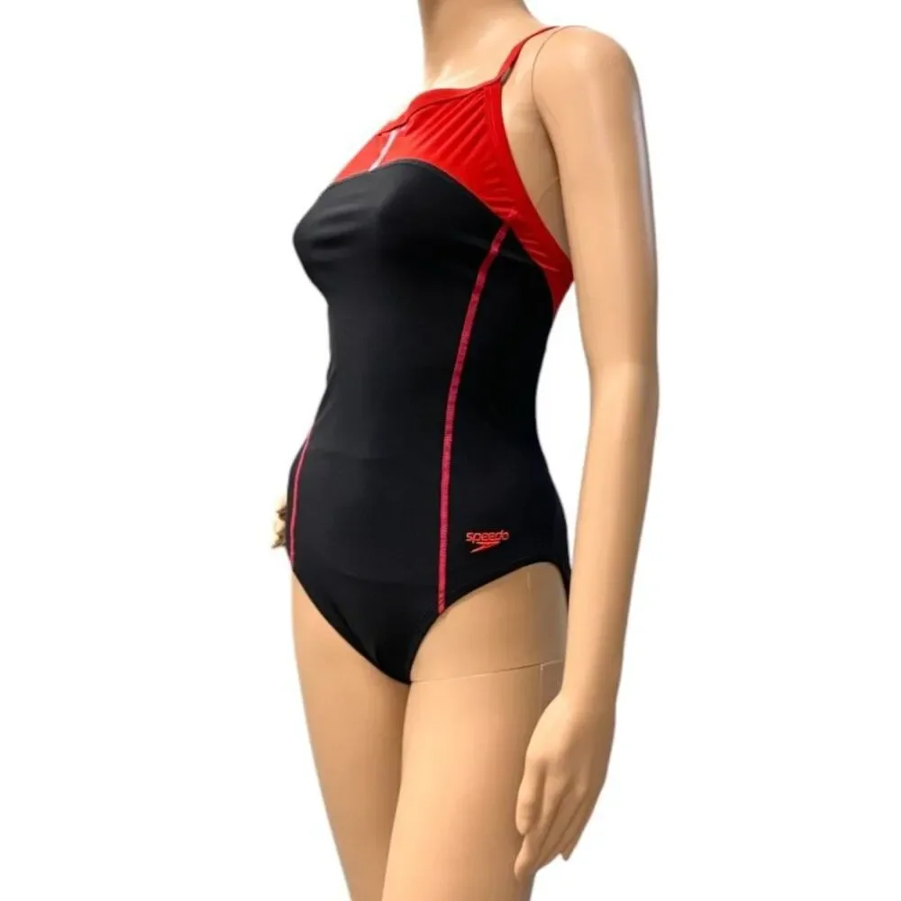 SPEEDO Women's Black/Red PowerPlus Drill Back One-Piece Bathing Swimsuit 10/36